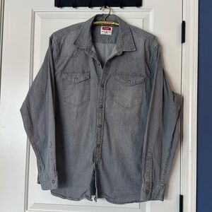 VTG Wrangler Pearl Snap Denim Shirt Mens XL Gray Long Sleeve Cowboy Rodeo